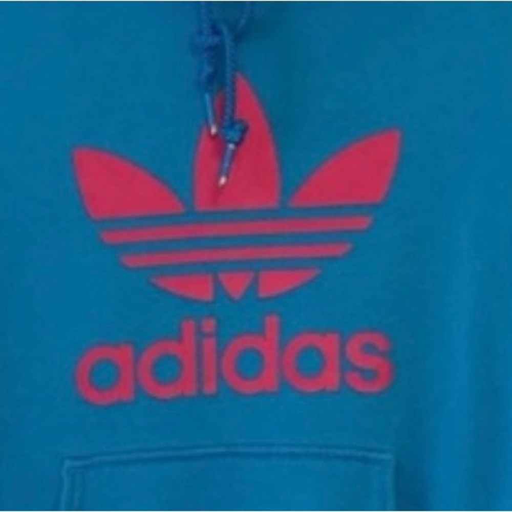 ADIDAS HOODIE SWEATSHIRT BLUE PINK LOGO KIDS LONG SLEEVE POUCH POCKET - Picture 5 of 6